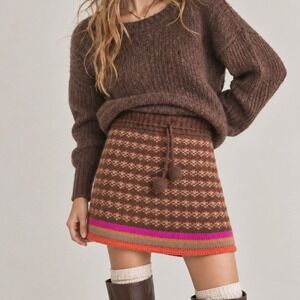 Wool Mini Skirt Fair Isle Pom Pom M Brown Boho Nordic Scandigirl Winter Gorpcore